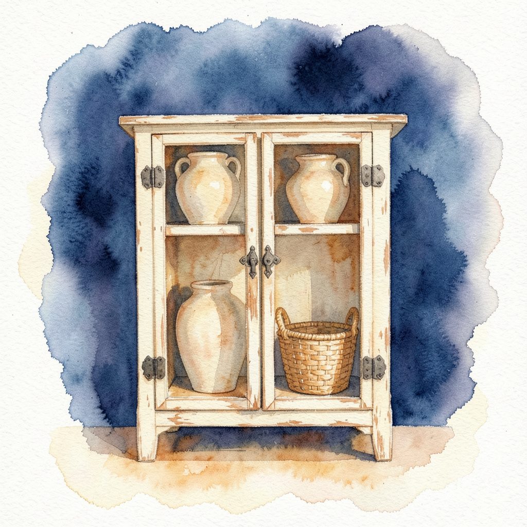 A soft watercolour painting of a distressed pine cupboard with iron hinges, displaying stoneware crocks and a woven basket, in warm amber and cream
