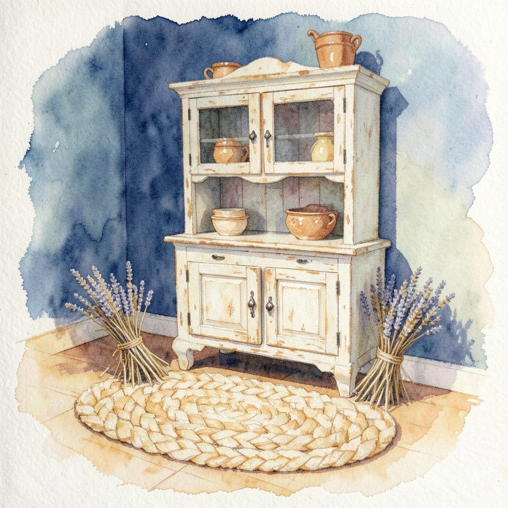 A soft watercolour painting of a cozy country living room with a distressed pine hutch, braided rug, and dried lavender bundles, rendered in warm honey, cream, and dusty blue tones