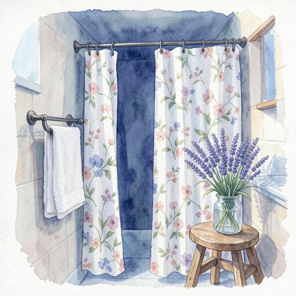 A soft watercolour painting of a country bathroom with a floral shower curtain, wrought iron towel bar, and a vase of lavender on a wooden stool