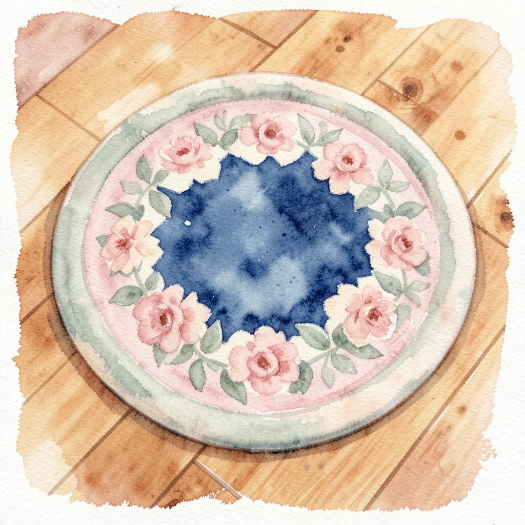 A soft watercolour painting of a hand-looped wool rug with floral motifs in faded rose, sage, and cream against a warm wooden floor