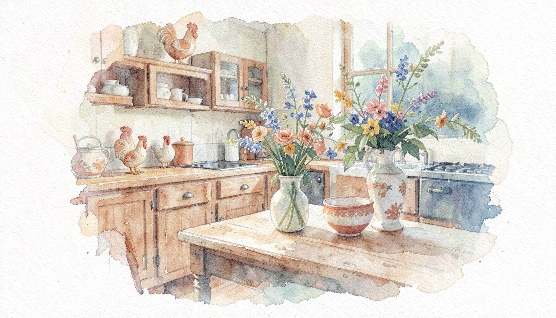 A soft watercolour painting of a warm country kitchen with wooden cabinets, ceramic rooster figurines, and a vase of wildflowers on a farmhouse table, painted in muted creams, soft sage greens, and warm terracotta tones