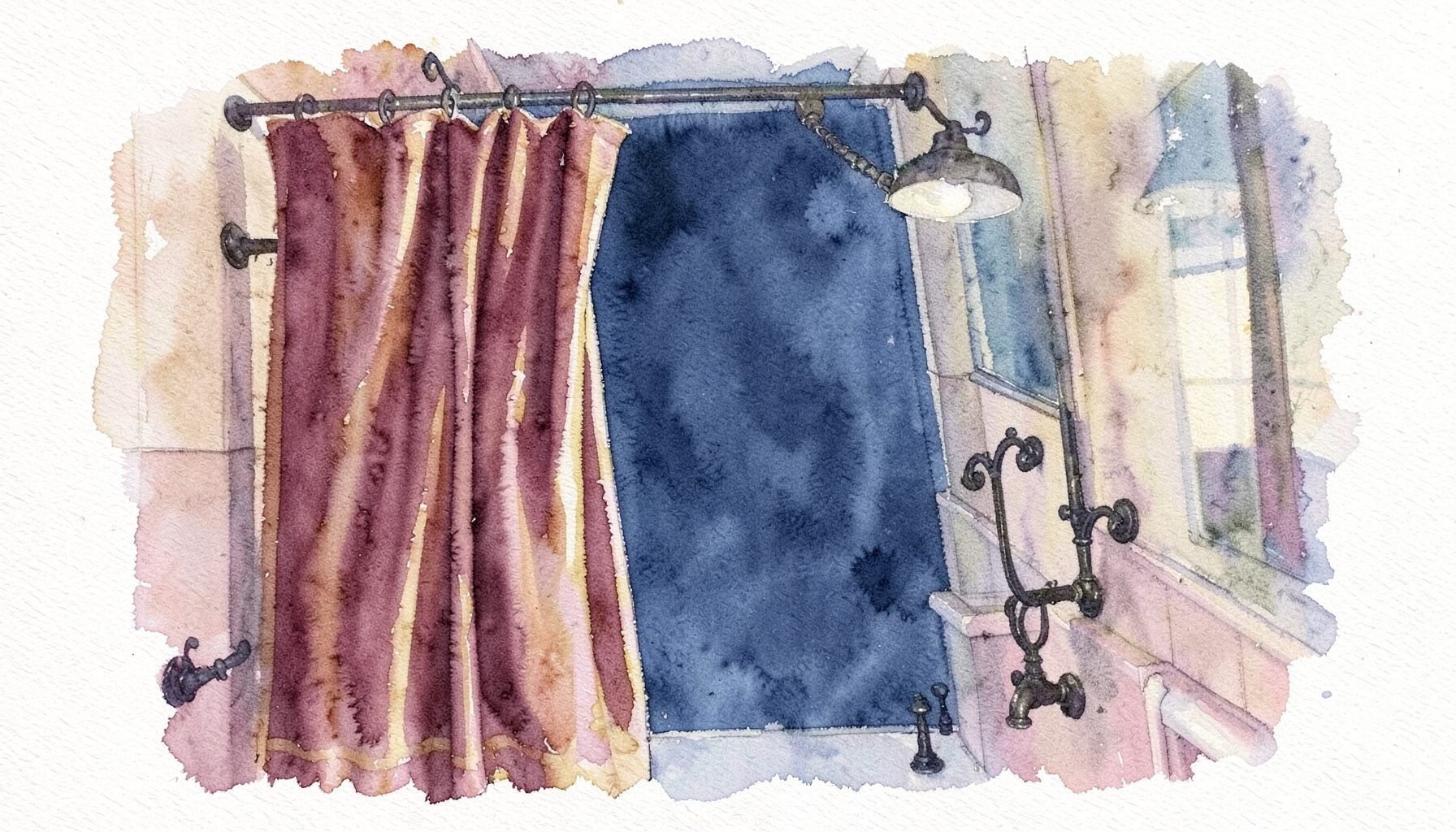 A soft watercolour of a country bathroom with a ruffled shower curtain in warm burgundy and gold, paired with dark wrought iron fixtures