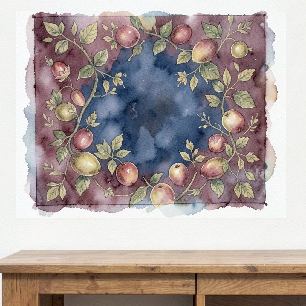 A soft watercolour painting of a wall tapestry with fruit and floral patterns in muted burgundy, olive, and gold, hanging above a wooden side table