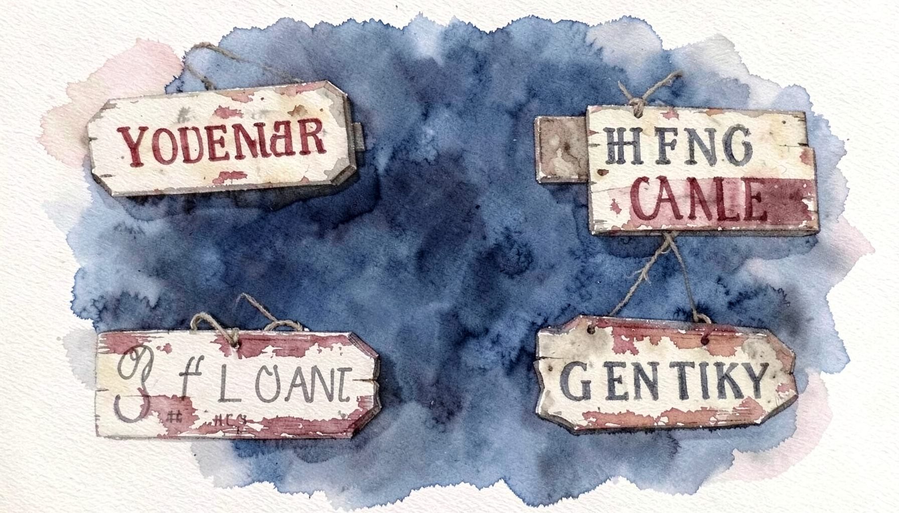 A soft watercolour of decorative wooden plaques and hand-painted signs with country sayings, in distressed cream, barn red, and charcoal tones