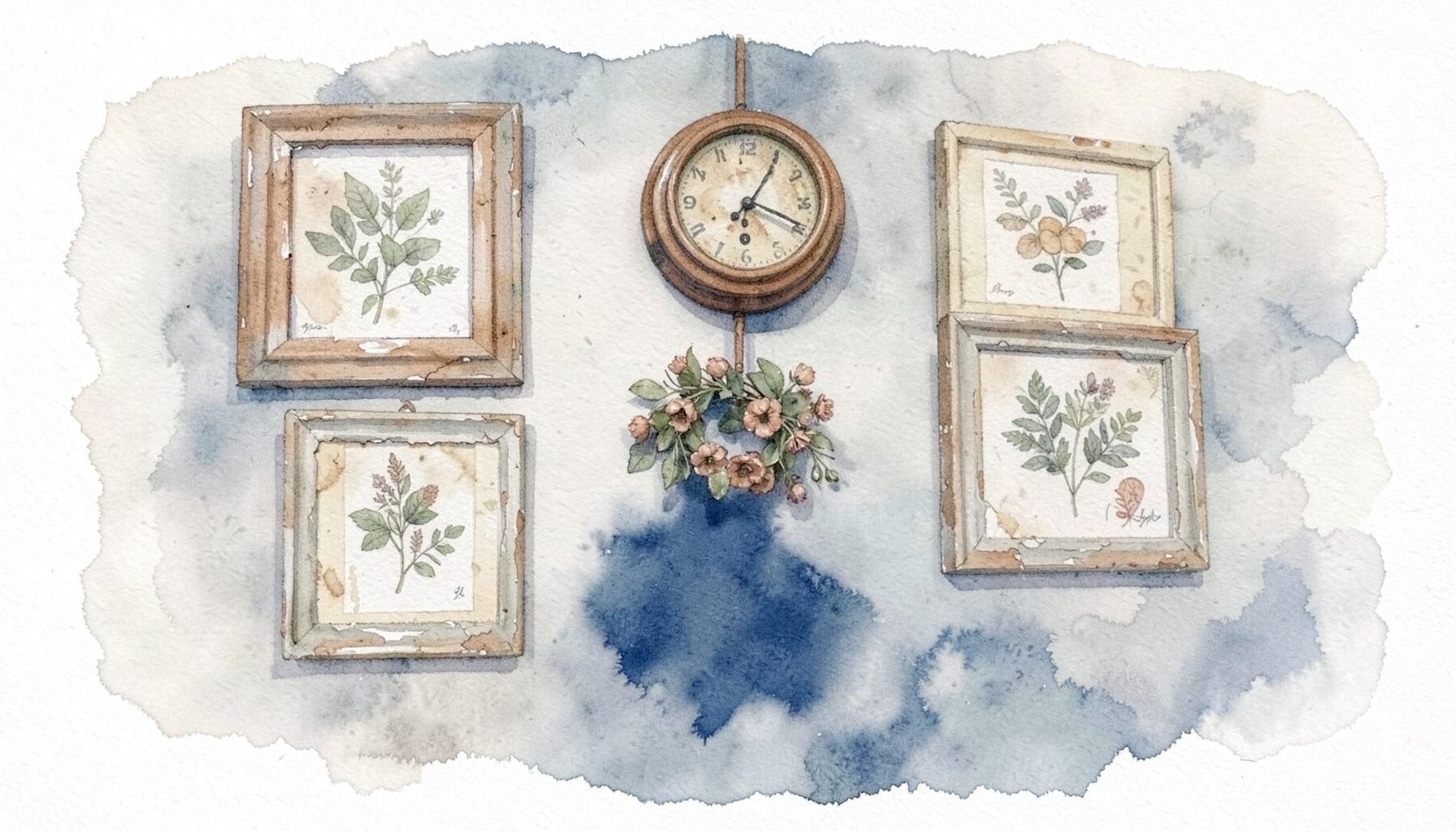 A soft watercolour painting of a rustic country wall adorned with weathered framed botanical prints, a round wooden wall clock, and a small wreath, in muted creams, sage greens, and warm browns against a pale plaster wall