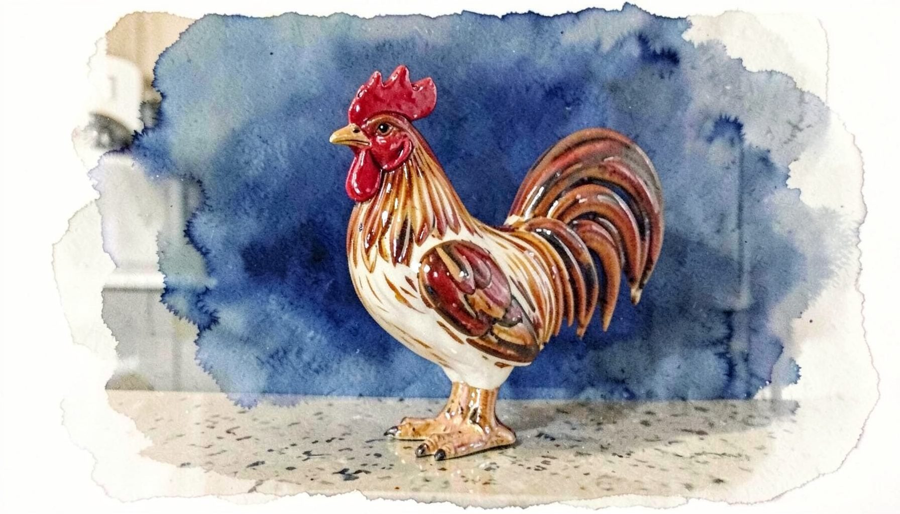A ceramic rooster figurine with rich red comb and warm brown feather details, standing on a farmhouse kitchen counter