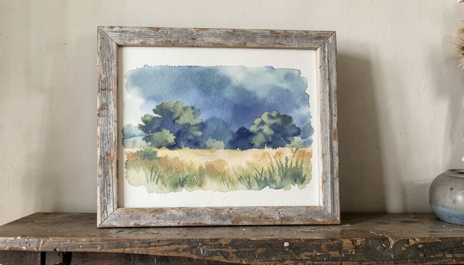 A weathered wood framed print of a pastoral landscape with muted greens and soft golden tones, leaning on a rustic mantel