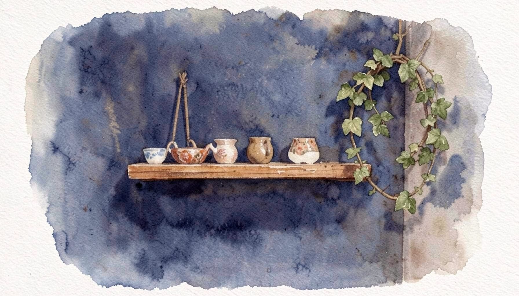 A soft watercolour of a wooden wall shelf holding small decorative items, with a grapevine wreath hanging nearby, in warm browns and muted greens
