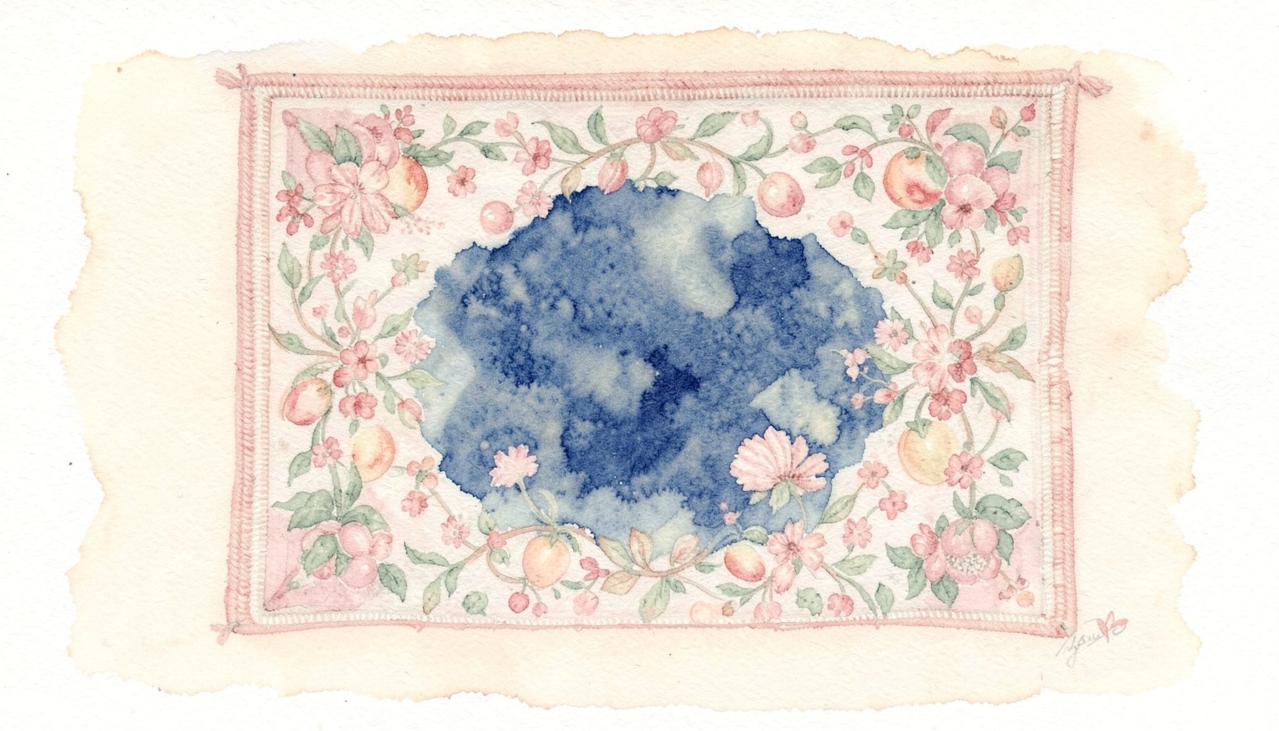 A soft watercolour of a woven tapestry wall hanging with floral and fruit motifs in faded rose, cream, and sage tones against a warm ivory background
