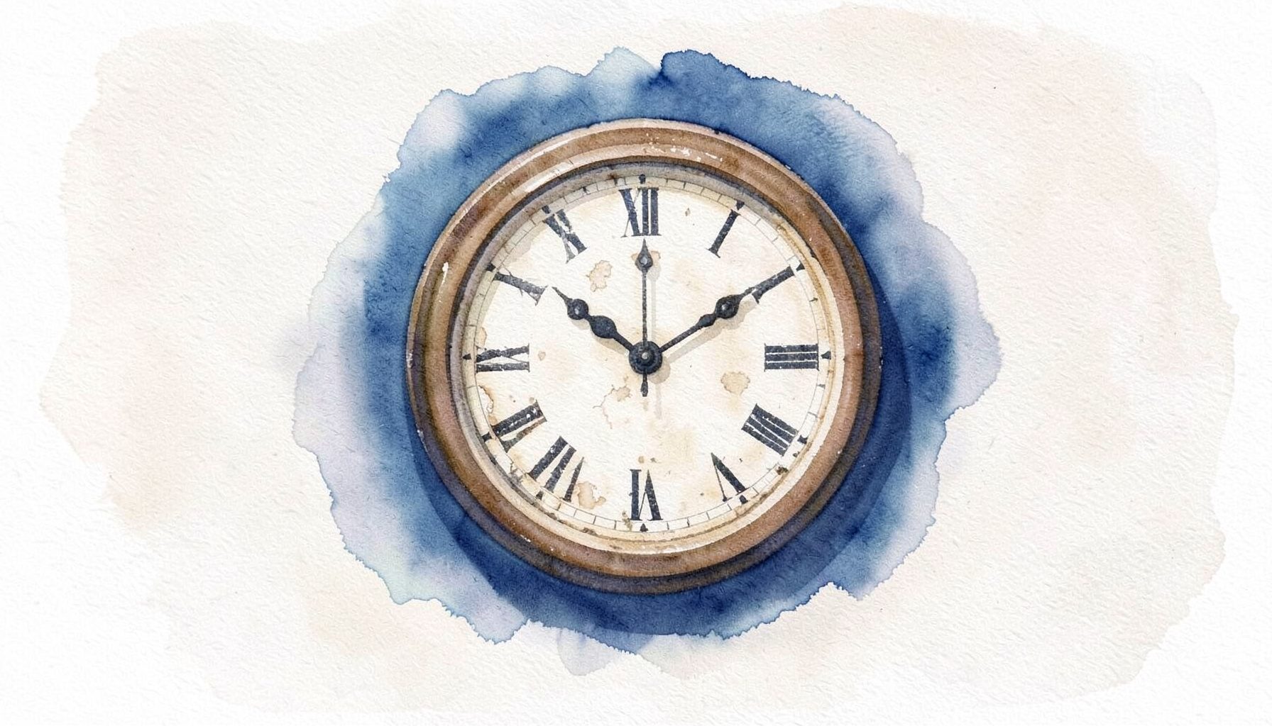 A soft watercolour of a round country wall clock with Roman numerals and a distressed cream face, hanging on a pale wall with soft shadow