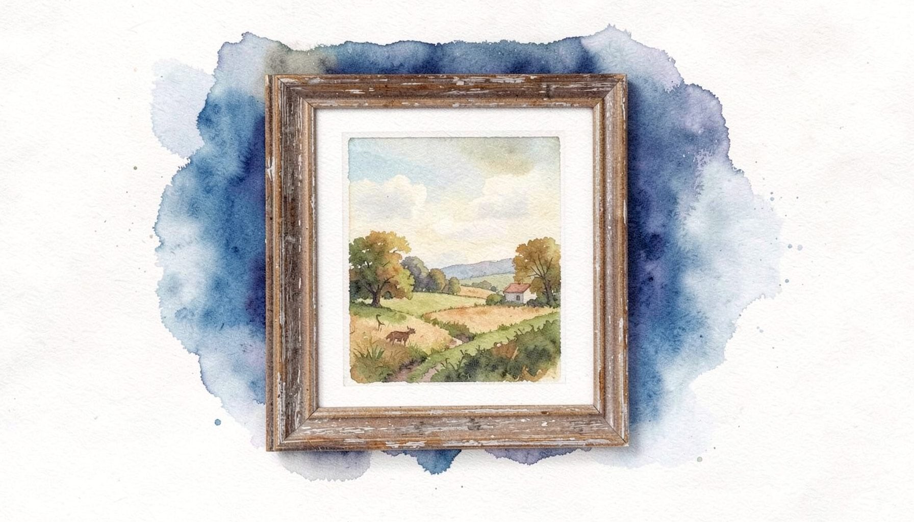 A soft watercolour of a country wall featuring a framed pastoral landscape print in a distressed wood frame, with muted golds, olive greens, and warm browns