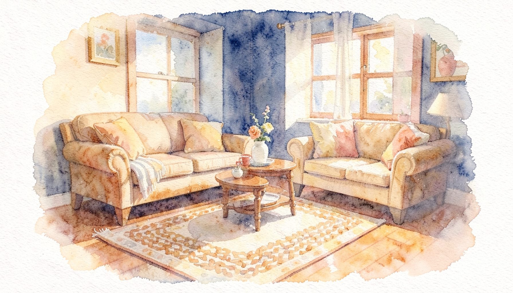 Soft watercolour of a cozy country living room with warm amber and cream tones, a braided rug, and gentle morning light through a window