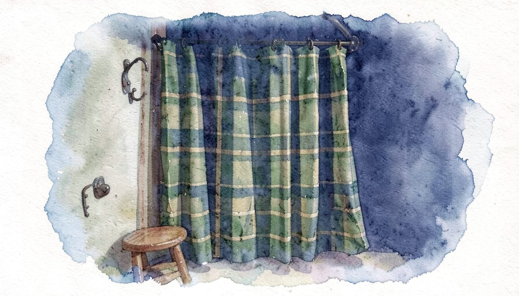 A soft watercolour of a rustic bathroom with a plaid shower curtain in forest green and tan, a wooden stool, and wrought iron wall hooks