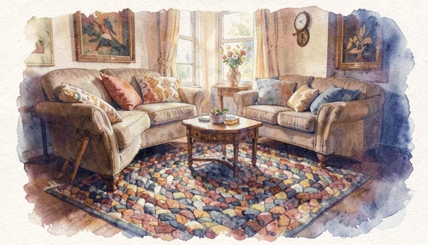 A warm, softly lit country living room with a richly textured braided rug in muted earth tones anchoring a cozy seating area