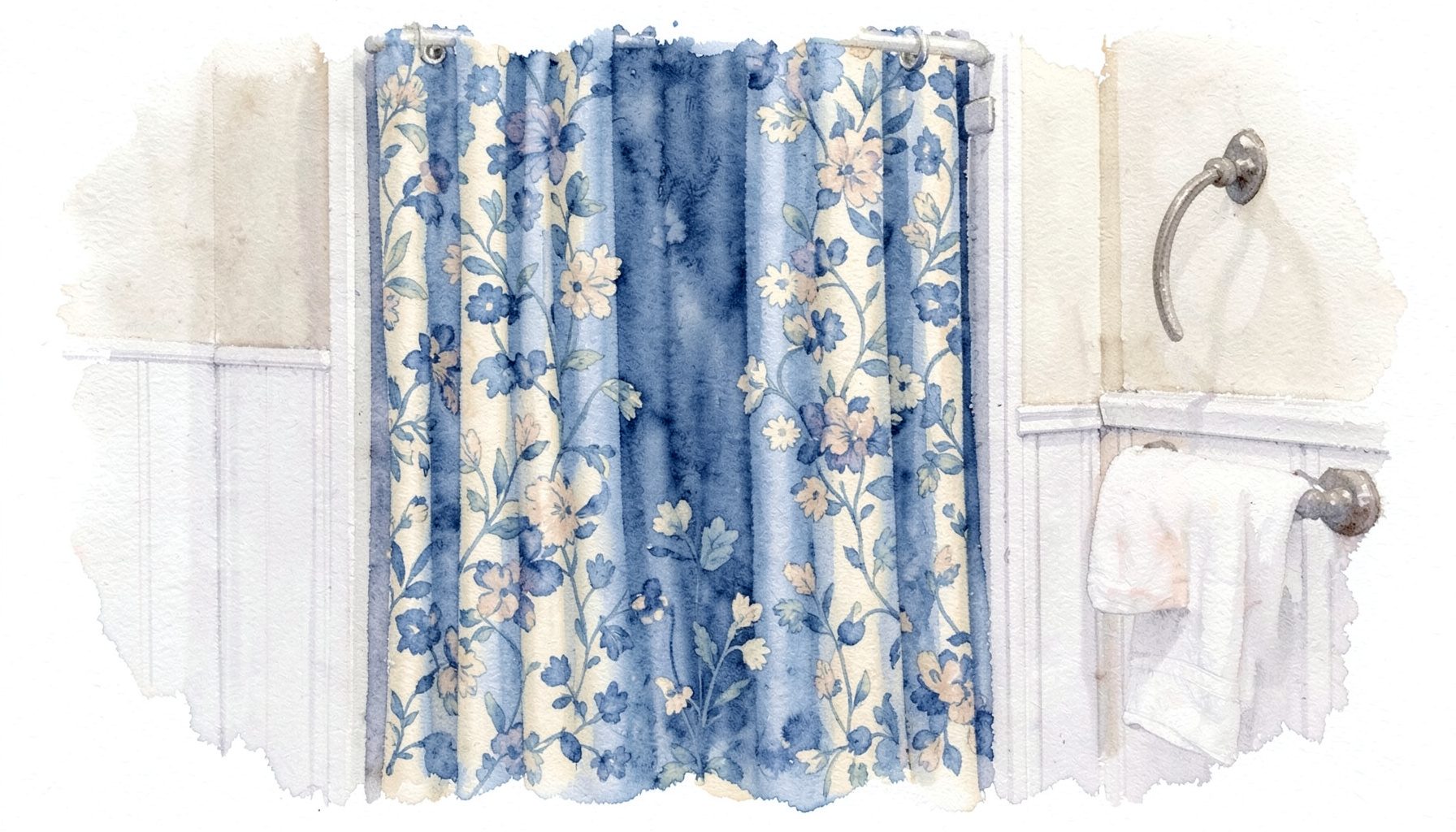 A soft watercolour of a bathroom with a blue and cream floral shower curtain, white wainscoting, and a wrought iron towel ring holding a folded towel
