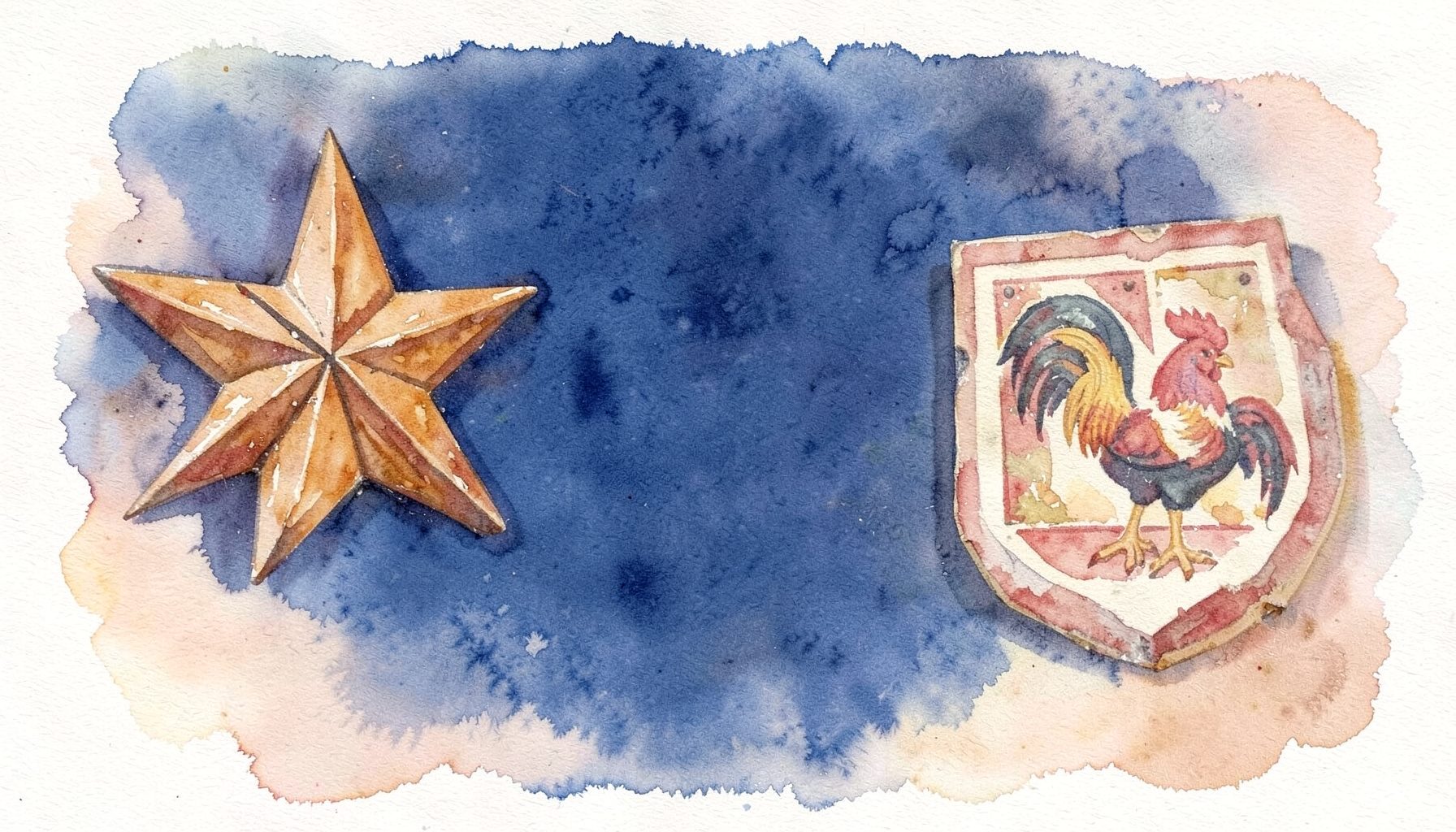 A soft watercolour of folk art wall pieces including a carved wooden star and a painted rooster plaque, in warm honey, brick red, and cream tones