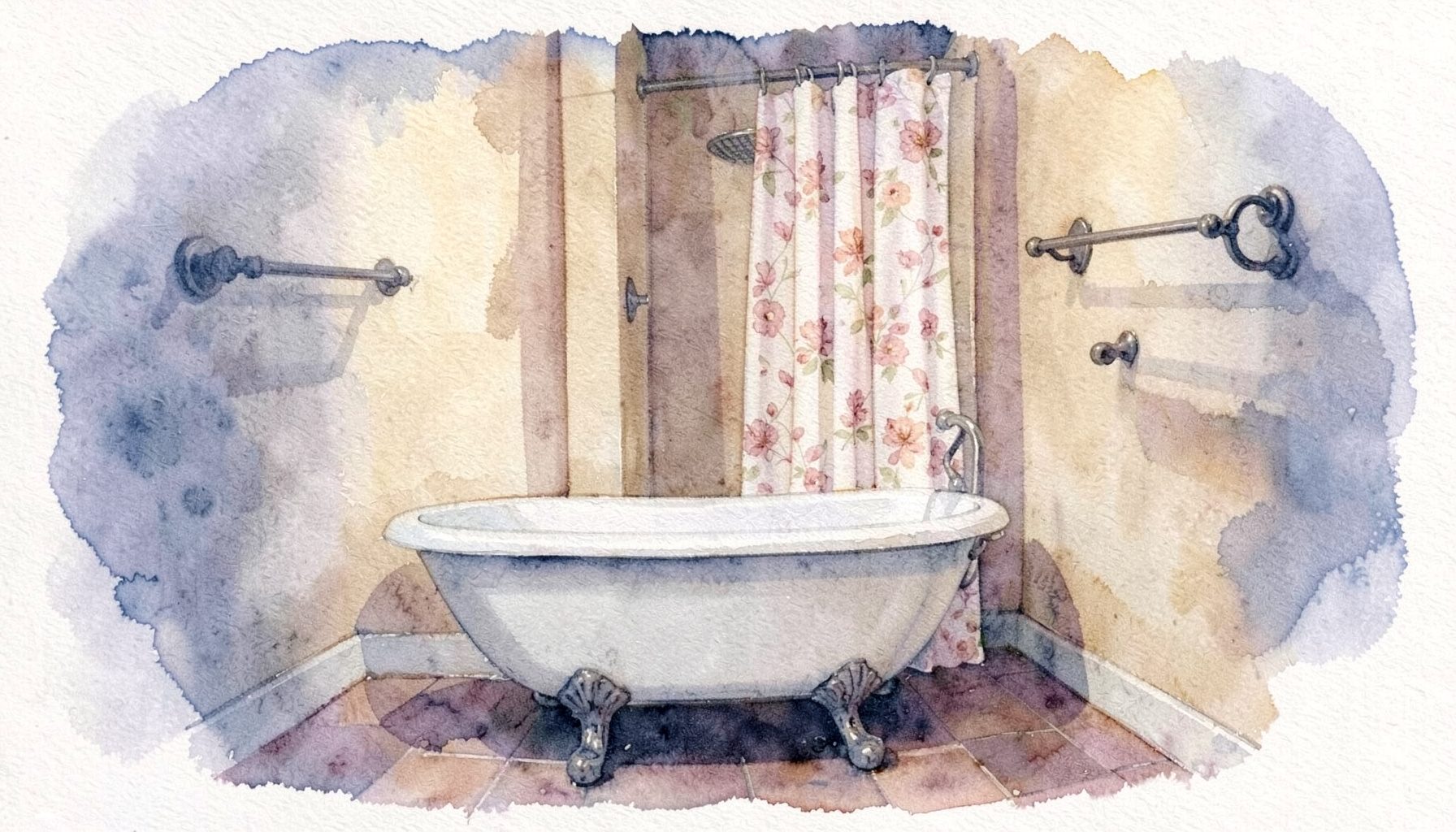 A soft watercolour painting of a cozy country bathroom with a clawfoot tub, a floral shower curtain in muted rose and cream tones, and wrought iron towel bars against warm beige walls