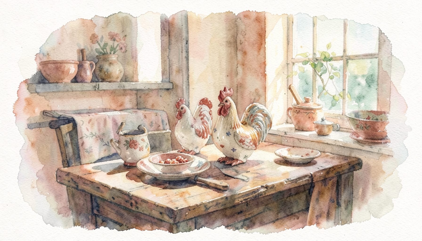 A warm country kitchen with a rustic wooden table, ceramic rooster figurines, and soft natural light filtering through a window, painted in gentle watercolour washes of cream, terracotta, and sage green.