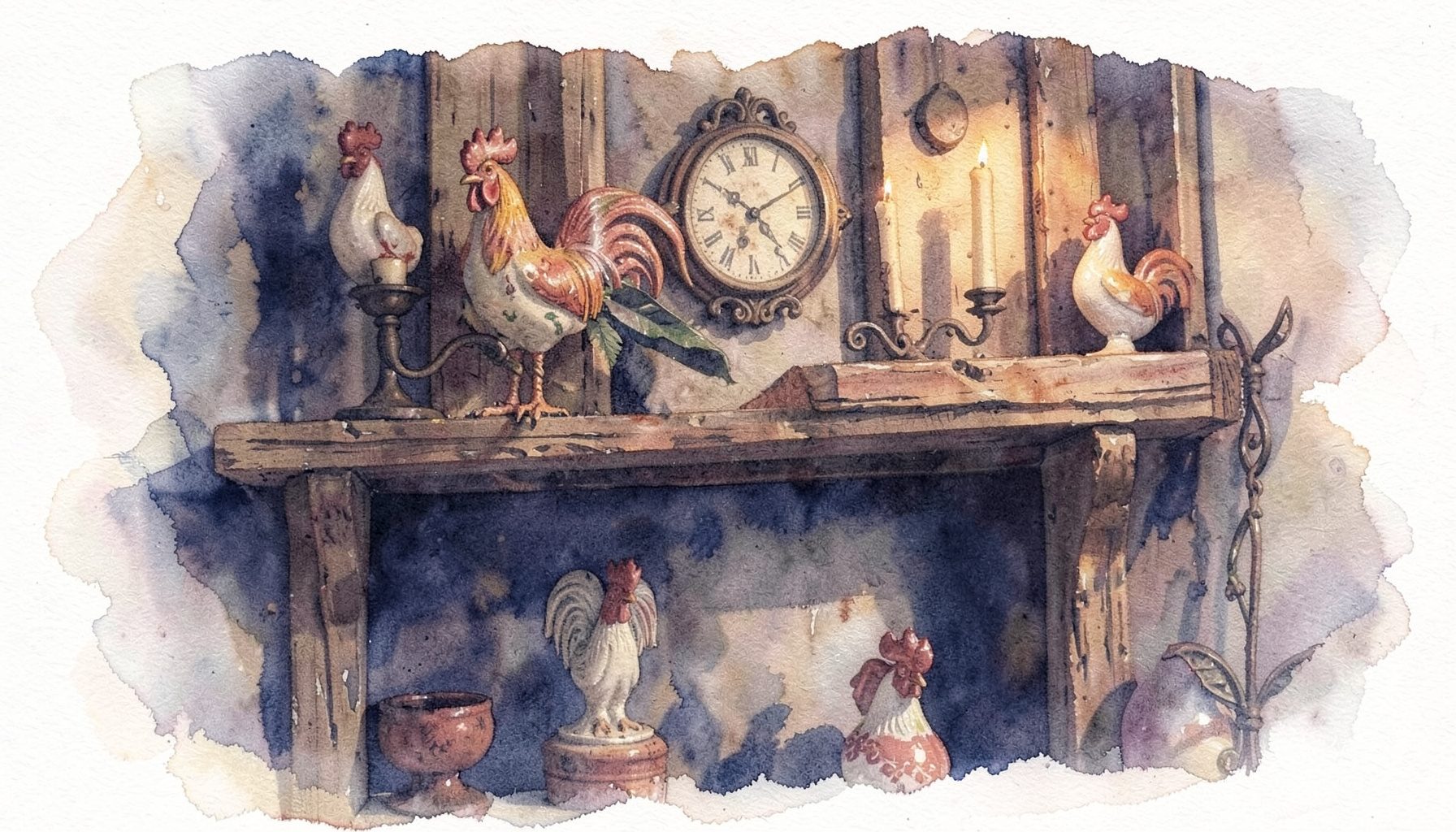 A warm rustic interior with weathered wood shelves displaying ceramic rooster figurines, wrought iron candleholders, and a country-style wall clock, all bathed in soft amber light