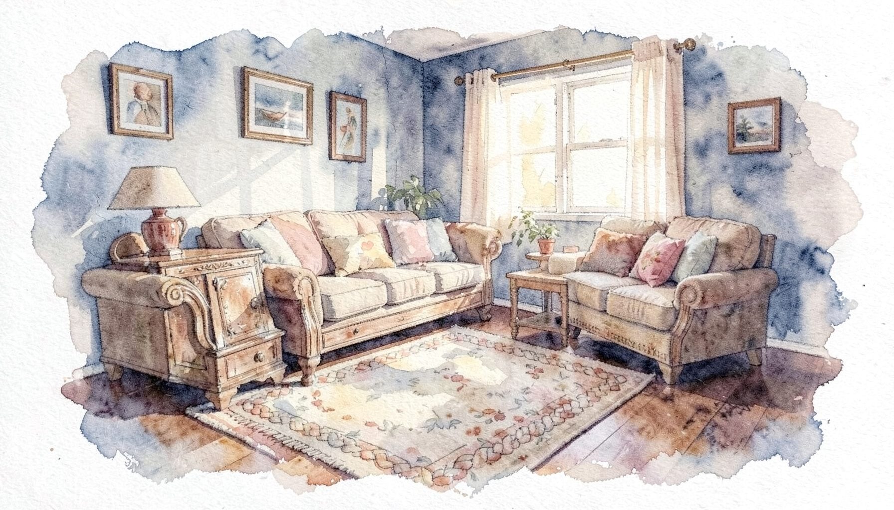 Soft watercolour of a warm country living room with distressed pine furniture, a braided rug, and gentle sunlight through a window, painted in muted creams, soft browns, and dusty blues.