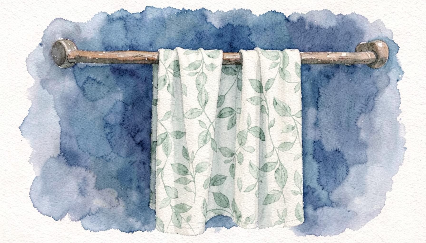 A soft watercolour of delicate leaf-patterned bath linens in sage green and ivory, draped over a rustic wooden towel rack